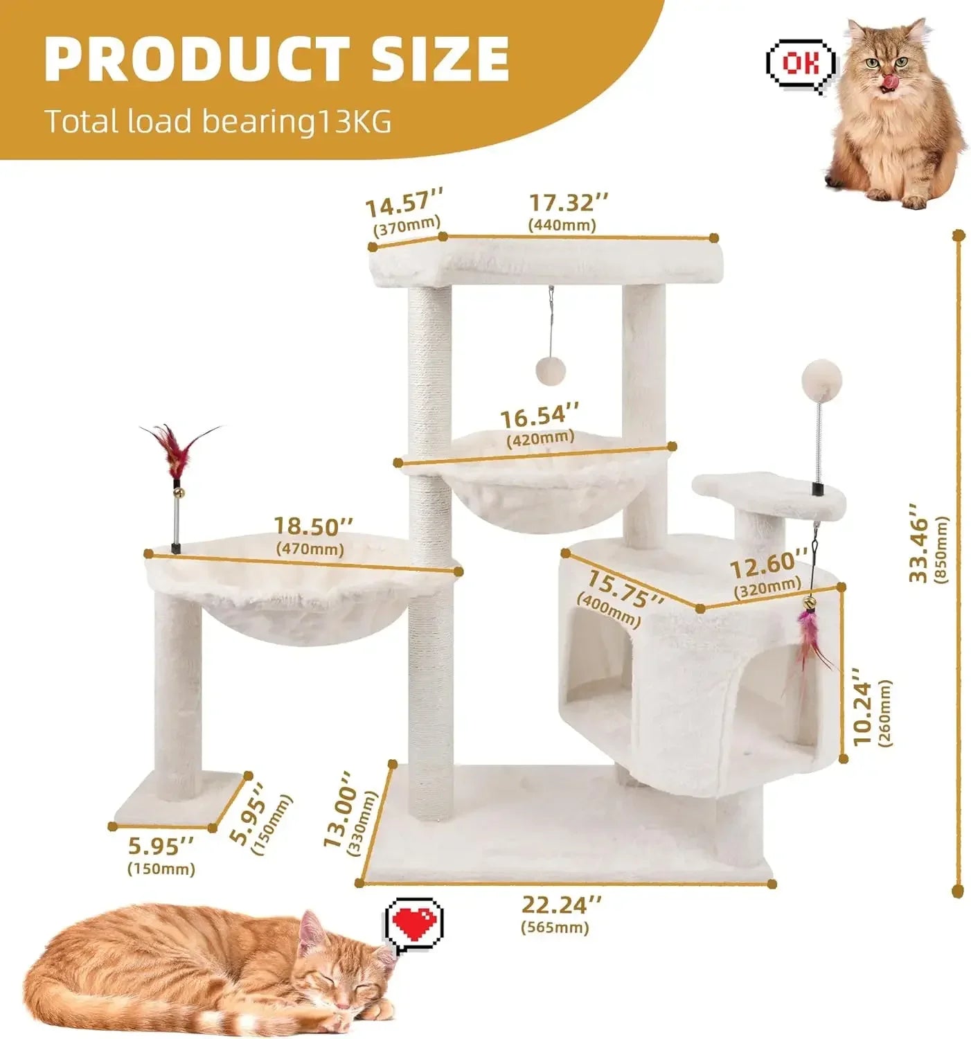 Cat Tree Tower with Cat Condo and Scratching Post for Indoor Cats, Activity Center Cat Furniture with Two Big Hammock
