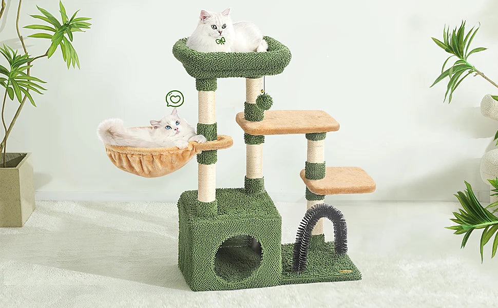 HOOPET 31 Inch Climbing Shelf Tower with Natural Cat Litter and Scratching Post Self-Grooming Perch and Hammock for Kitten