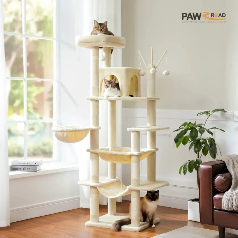 69" Cat Tree for Large Indoor Cats Multi-Level Cat Condo with Large Hammock Perch and 5 Scratching Posts