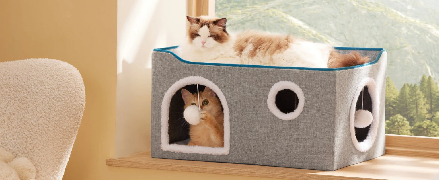 Wide Cat House for Indoor Cats - Large Cat Cave for Pet Cat House with Fluffy Ball Hanging and Scratch Pad