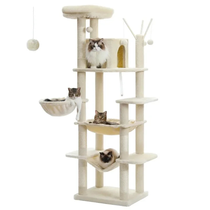 69" Cat Tree for Large Indoor Cats Multi-Level Cat Condo with Large Hammock Perch and 5 Scratching Posts