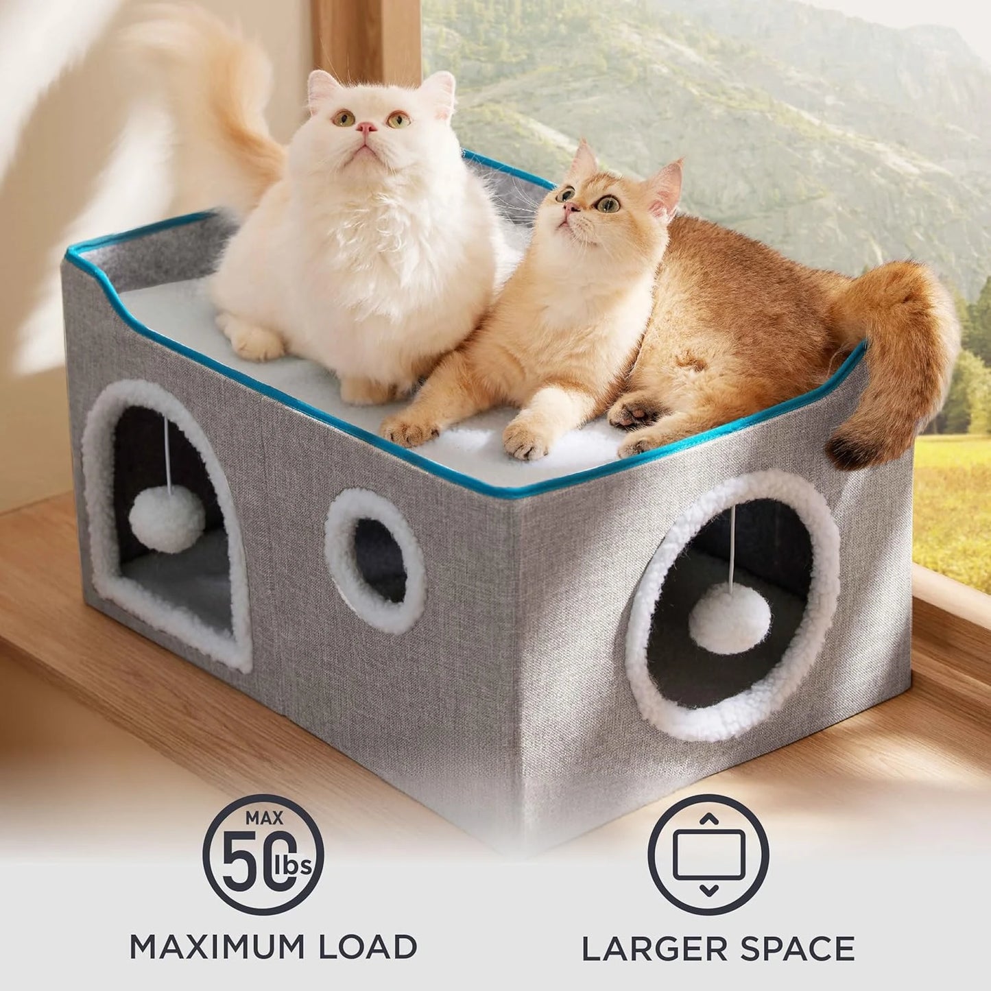 Wide Cat House for Indoor Cats - Large Cat Cave for Pet Cat House with Fluffy Ball Hanging and Scratch Pad
