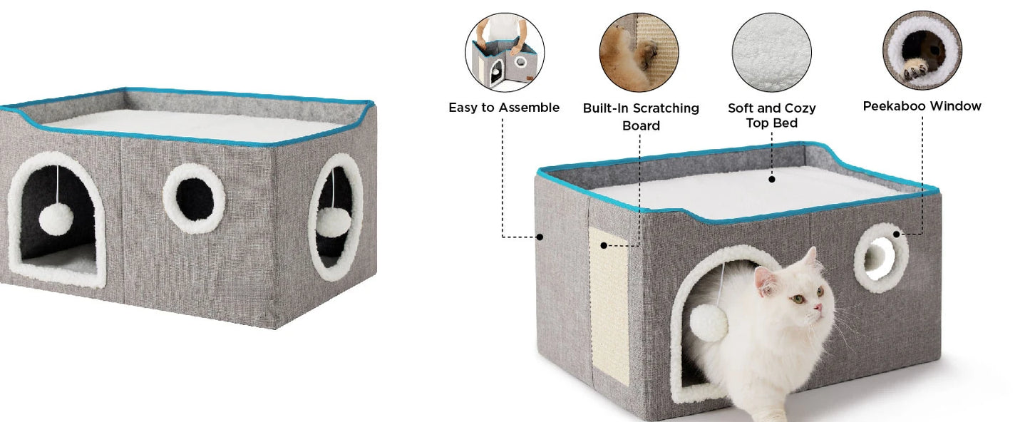 Wide Cat House for Indoor Cats - Large Cat Cave for Pet Cat House with Fluffy Ball Hanging and Scratch Pad