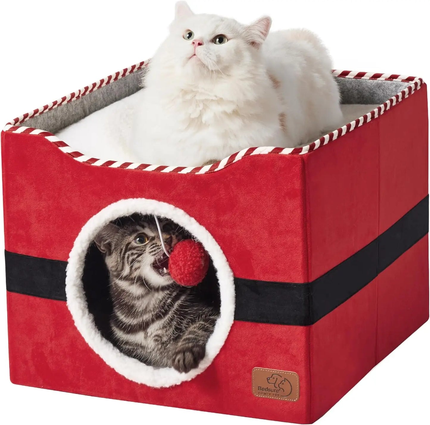 Wide Cat House for Indoor Cats - Large Cat Cave for Pet Cat House with Fluffy Ball Hanging and Scratch Pad