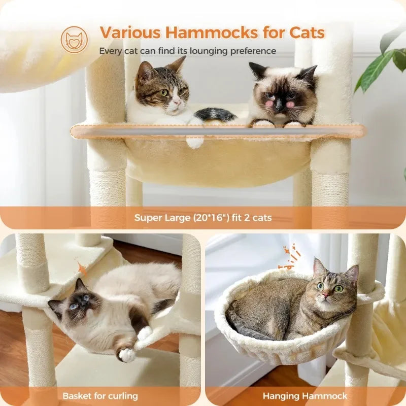 69" Cat Tree for Large Indoor Cats Multi-Level Cat Condo with Large Hammock Perch and 5 Scratching Posts