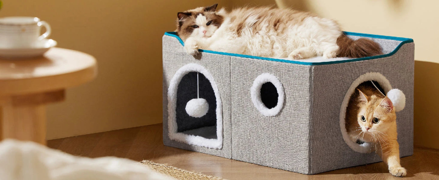 Wide Cat House for Indoor Cats - Large Cat Cave for Pet Cat House with Fluffy Ball Hanging and Scratch Pad
