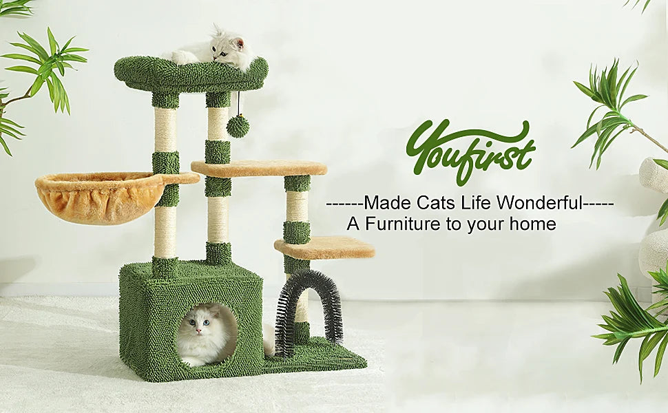 HOOPET 31 Inch Climbing Shelf Tower with Natural Cat Litter and Scratching Post Self-Grooming Perch and Hammock for Kitten