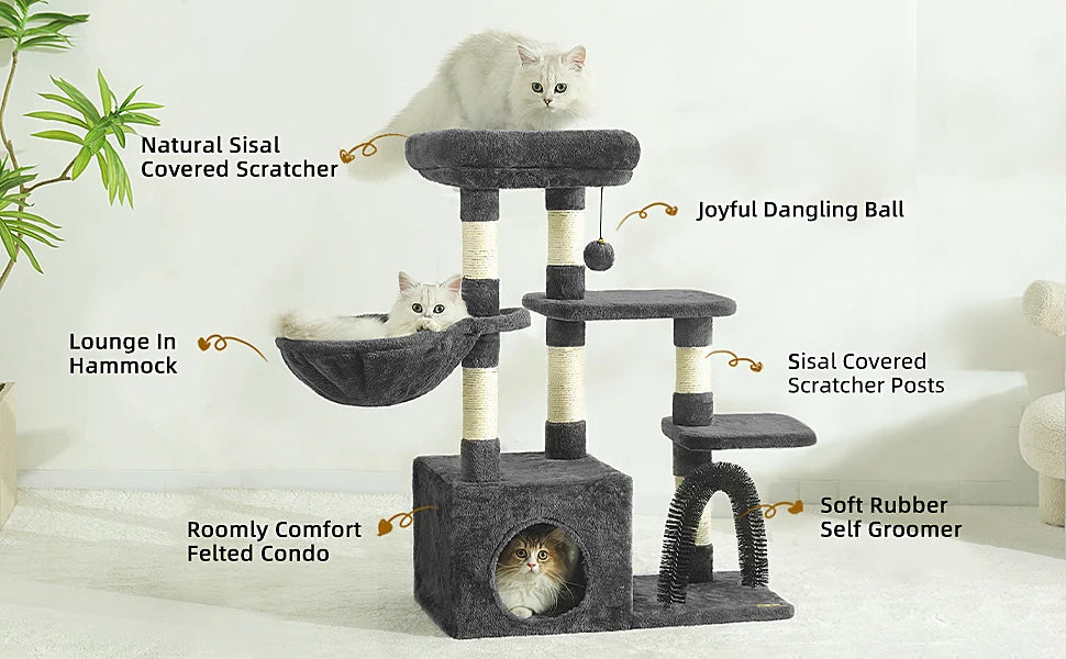 HOOPET 31 Inch Climbing Shelf Tower with Natural Cat Litter and Scratching Post Self-Grooming Perch and Hammock for Kitten