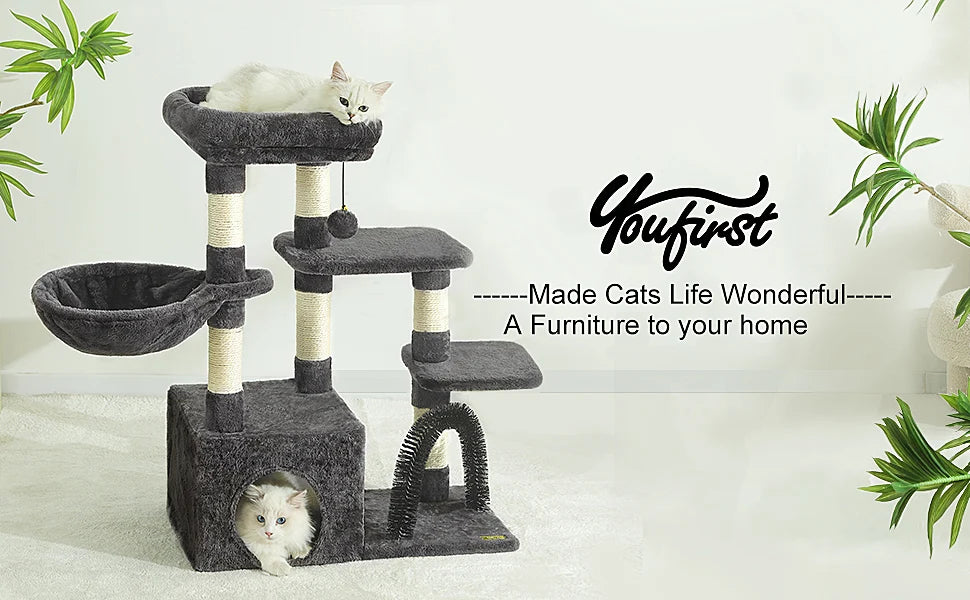 HOOPET 31 Inch Climbing Shelf Tower with Natural Cat Litter and Scratching Post Self-Grooming Perch and Hammock for Kitten