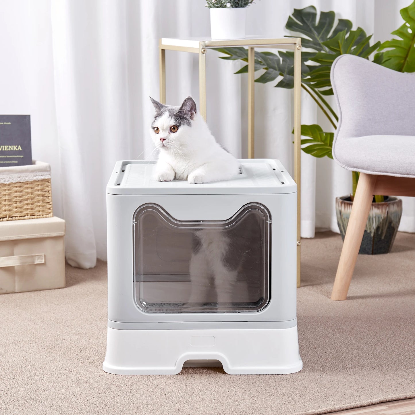 Bingopaw XXL Large Space Foldable Cat Litter Box with Front Entry & Top Exit with Tray