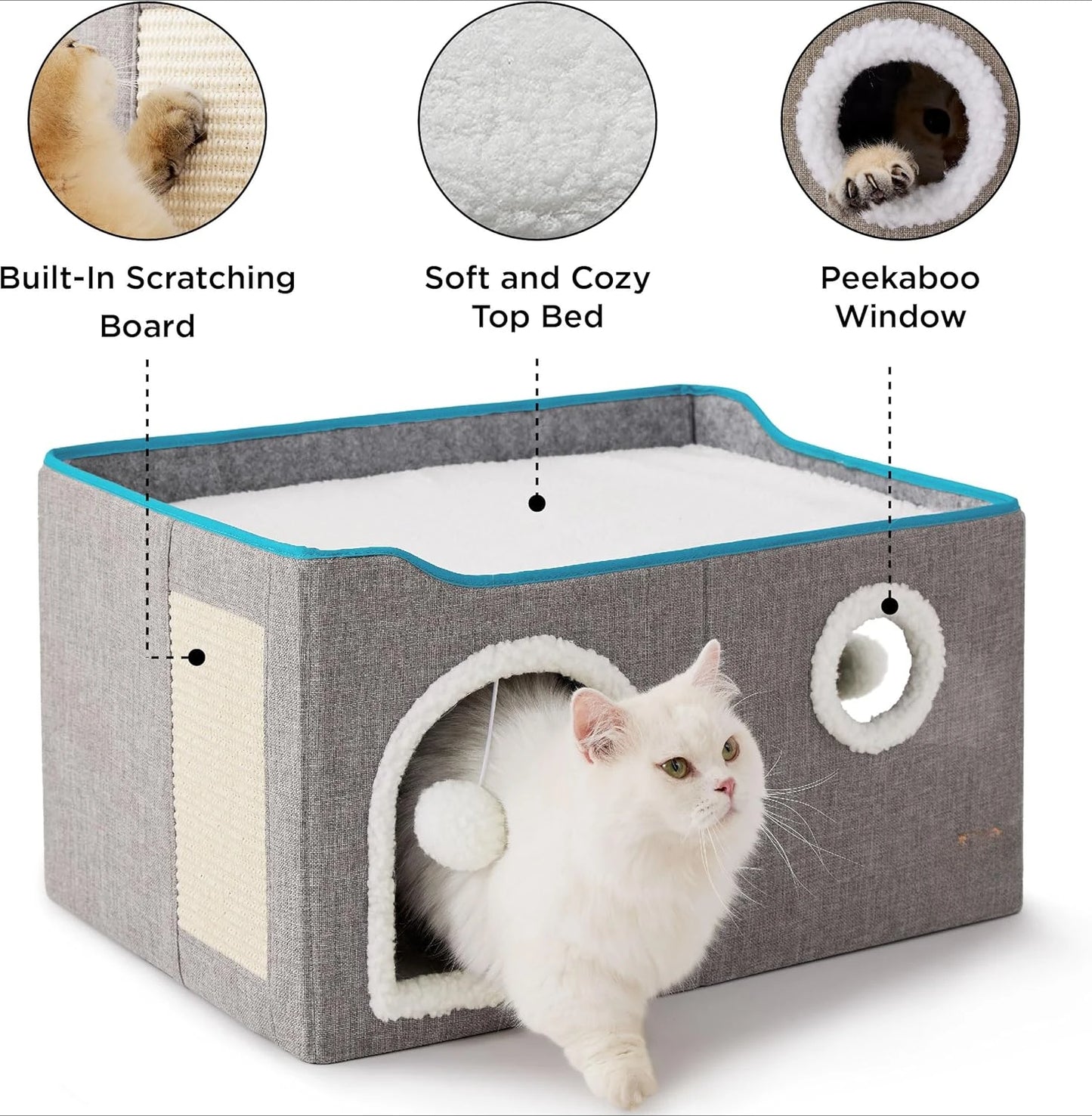 Wide Cat House for Indoor Cats - Large Cat Cave for Pet Cat House with Fluffy Ball Hanging and Scratch Pad