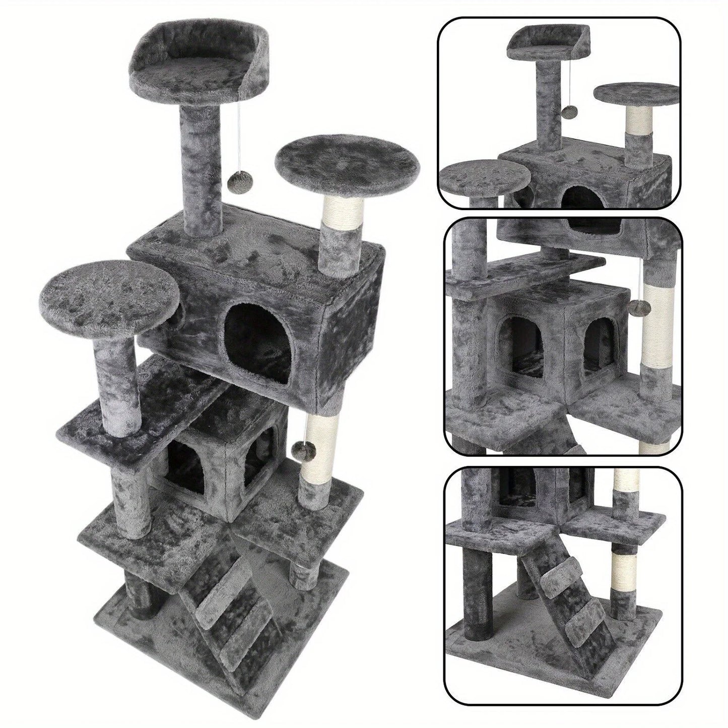 Grey/Beige/Blue/Brown 53 inch Cat Tree Tower Activity Center Playhouse Apartment