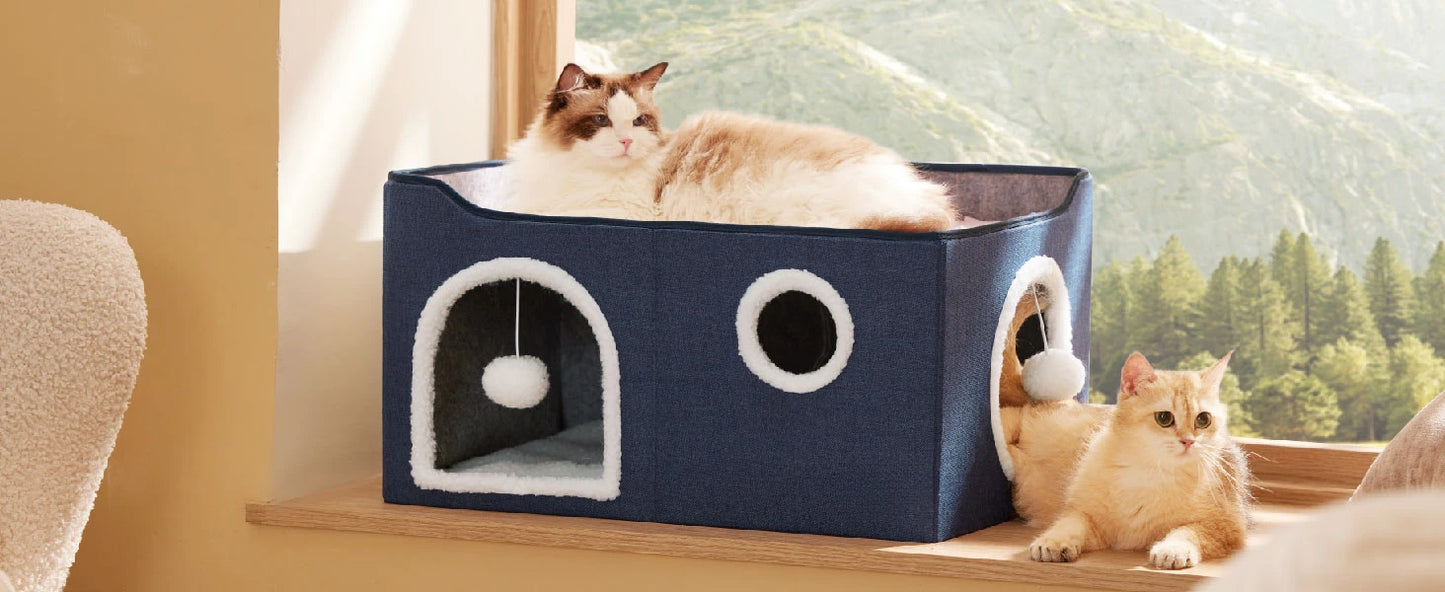 Wide Cat House for Indoor Cats - Large Cat Cave for Pet Cat House with Fluffy Ball Hanging and Scratch Pad