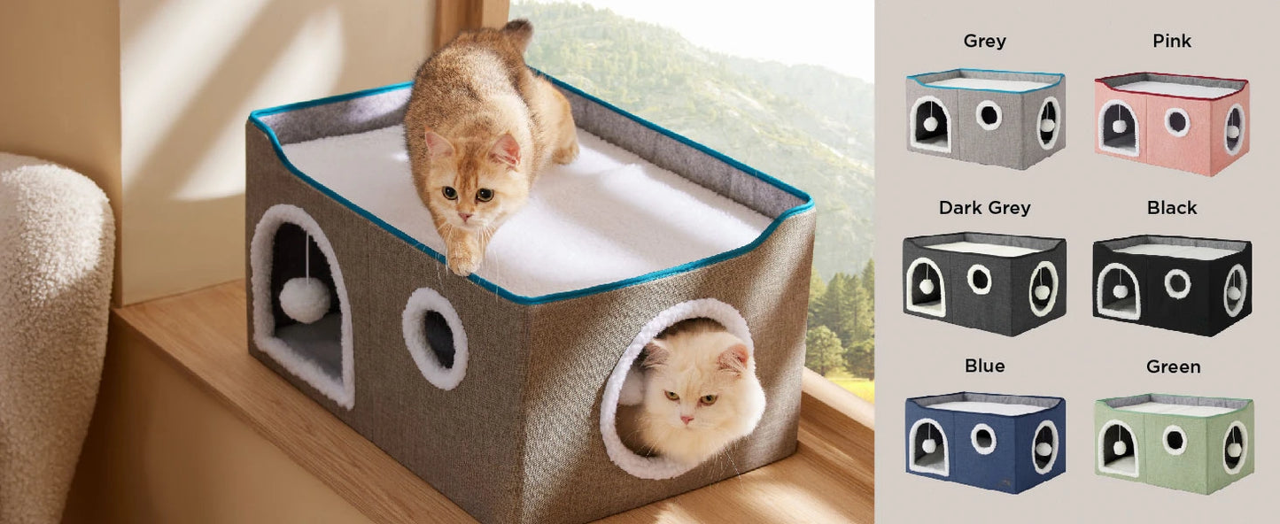 Wide Cat House for Indoor Cats - Large Cat Cave for Pet Cat House with Fluffy Ball Hanging and Scratch Pad