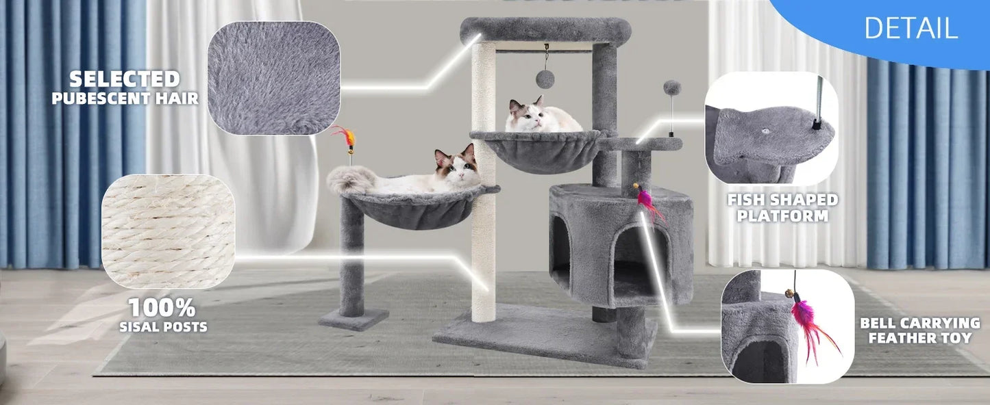 Cat Tree Tower with Cat Condo and Scratching Post for Indoor Cats, Activity Center Cat Furniture with Two Big Hammock