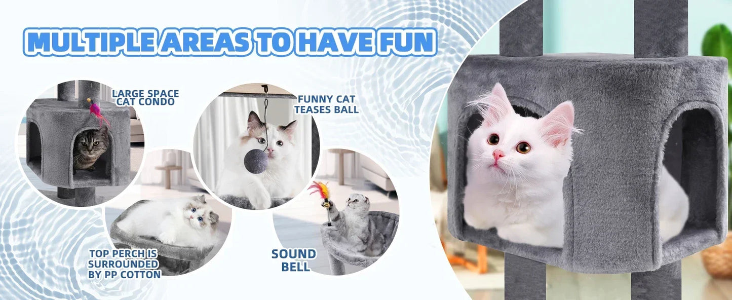 Cat Tree Tower with Cat Condo and Scratching Post for Indoor Cats, Activity Center Cat Furniture with Two Big Hammock
