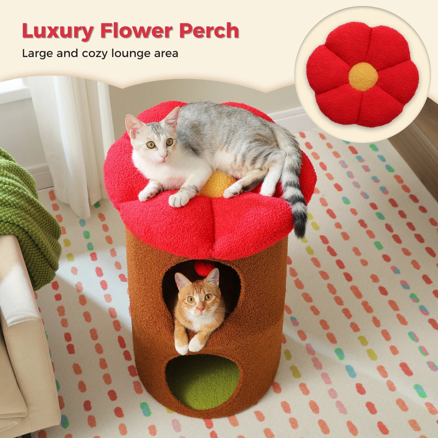 2-Storey Cat Beds for Indoor Cats Large Cat House with Removable Flower Cat Bed, Cute Cat Cave Cat Hideaway Indoor Cat Condo