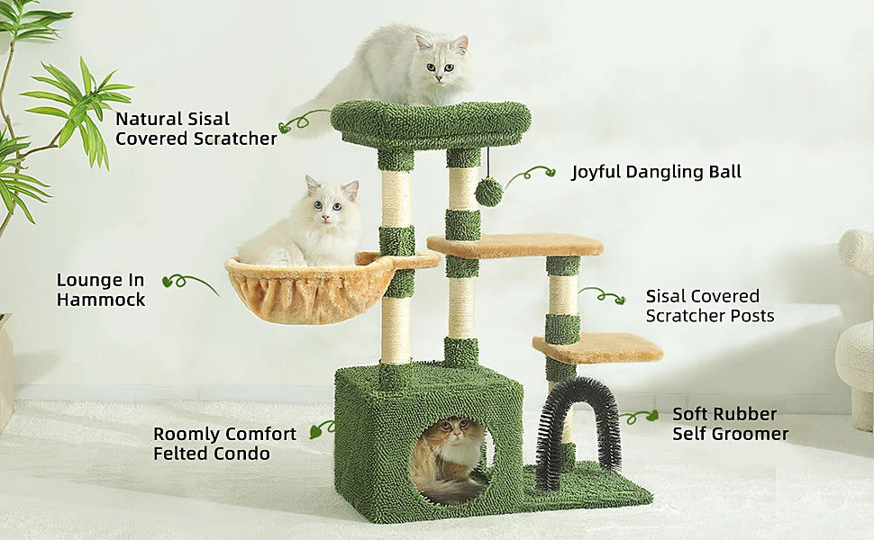 HOOPET 31 Inch Climbing Shelf Tower with Natural Cat Litter and Scratching Post Self-Grooming Perch and Hammock for Kitten