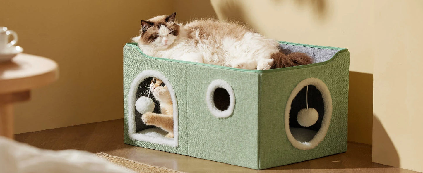 Wide Cat House for Indoor Cats - Large Cat Cave for Pet Cat House with Fluffy Ball Hanging and Scratch Pad