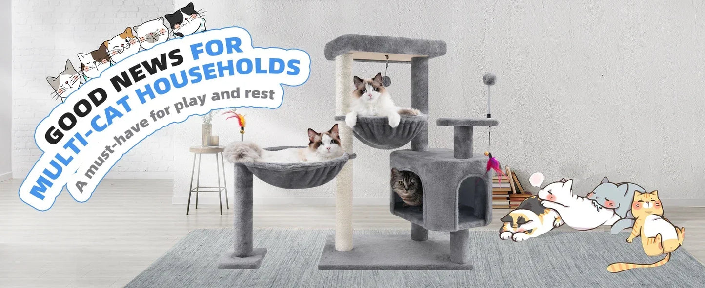 Cat Tree Tower with Cat Condo and Scratching Post for Indoor Cats, Activity Center Cat Furniture with Two Big Hammock
