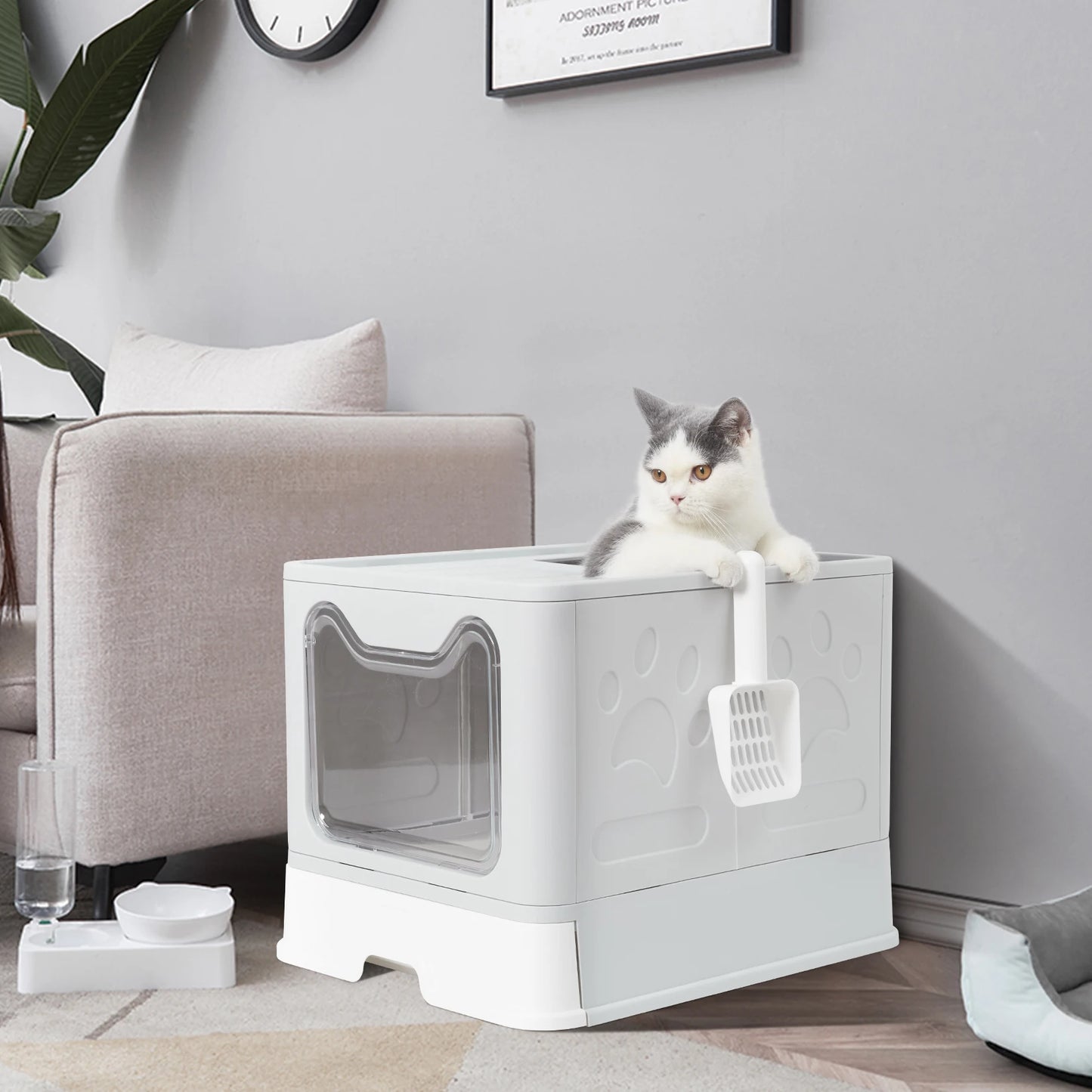 Bingopaw XXL Large Space Foldable Cat Litter Box with Front Entry & Top Exit with Tray