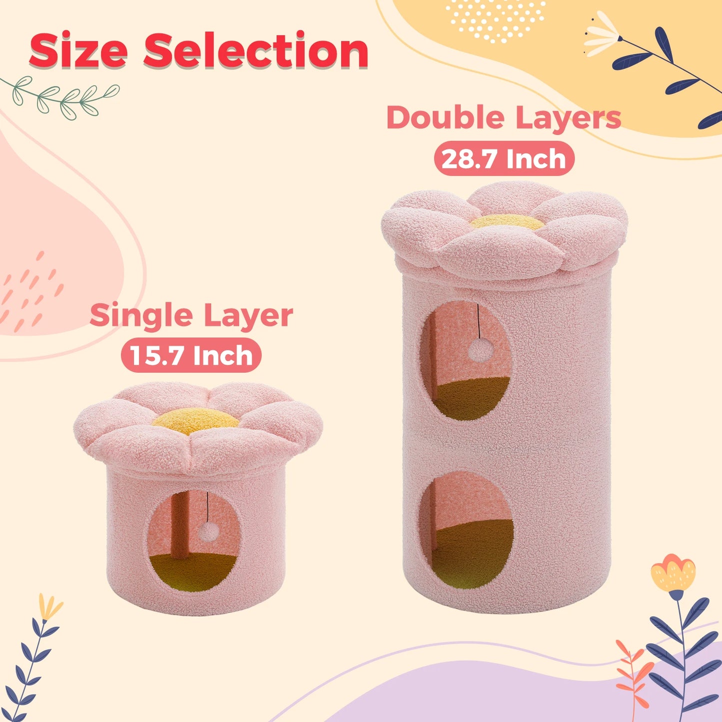 2-Storey Cat Beds for Indoor Cats Large Cat House with Removable Flower Cat Bed, Cute Cat Cave Cat Hideaway Indoor Cat Condo