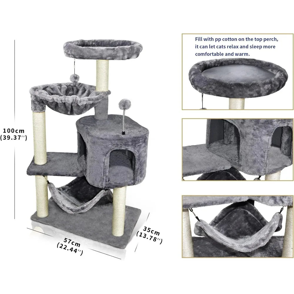 Cat Tree with Large Hammock, Gray Apartment, 22.4X13.8X39.4