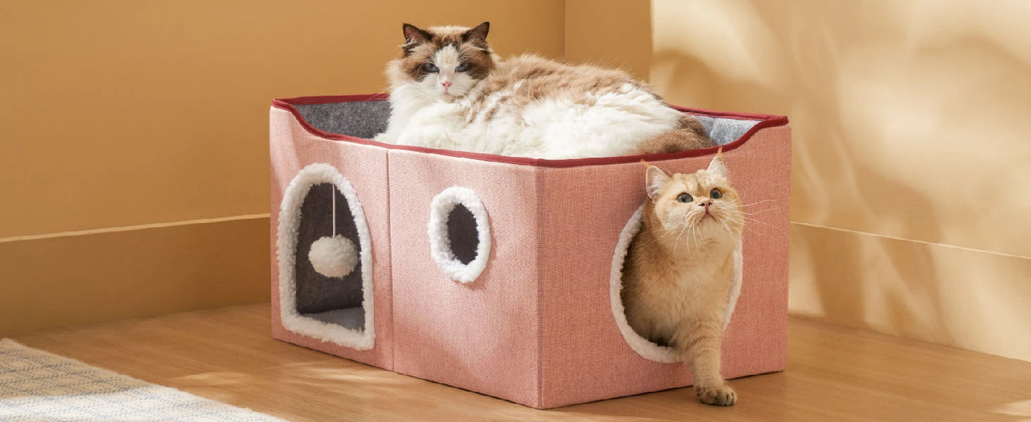 Wide Cat House for Indoor Cats - Large Cat Cave for Pet Cat House with Fluffy Ball Hanging and Scratch Pad