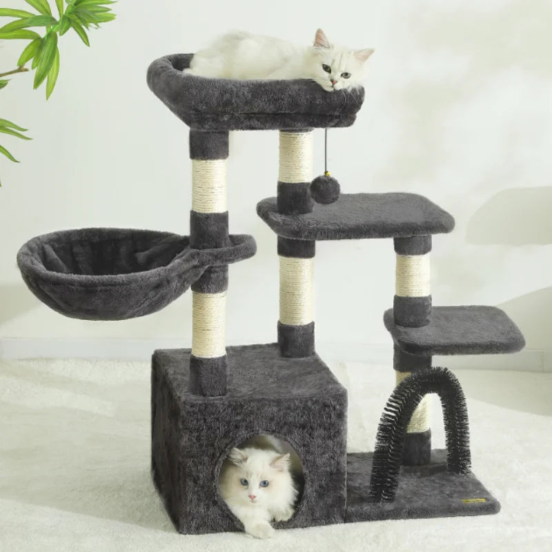 HOOPET 31 Inch Climbing Shelf Tower with Natural Cat Litter and Scratching Post Self-Grooming Perch and Hammock for Kitten