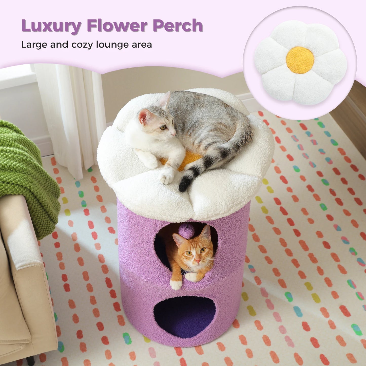 2-Storey Cat Beds for Indoor Cats Large Cat House with Removable Flower Cat Bed, Cute Cat Cave Cat Hideaway Indoor Cat Condo