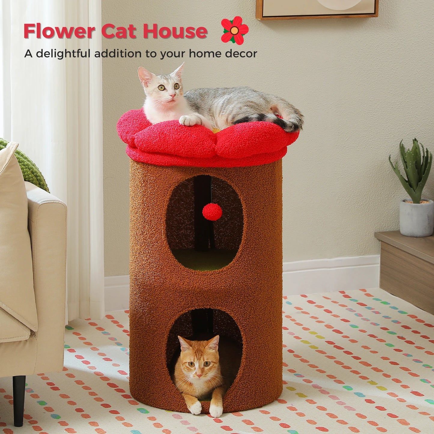 2-Storey Cat Beds for Indoor Cats Large Cat House with Removable Flower Cat Bed, Cute Cat Cave Cat Hideaway Indoor Cat Condo
