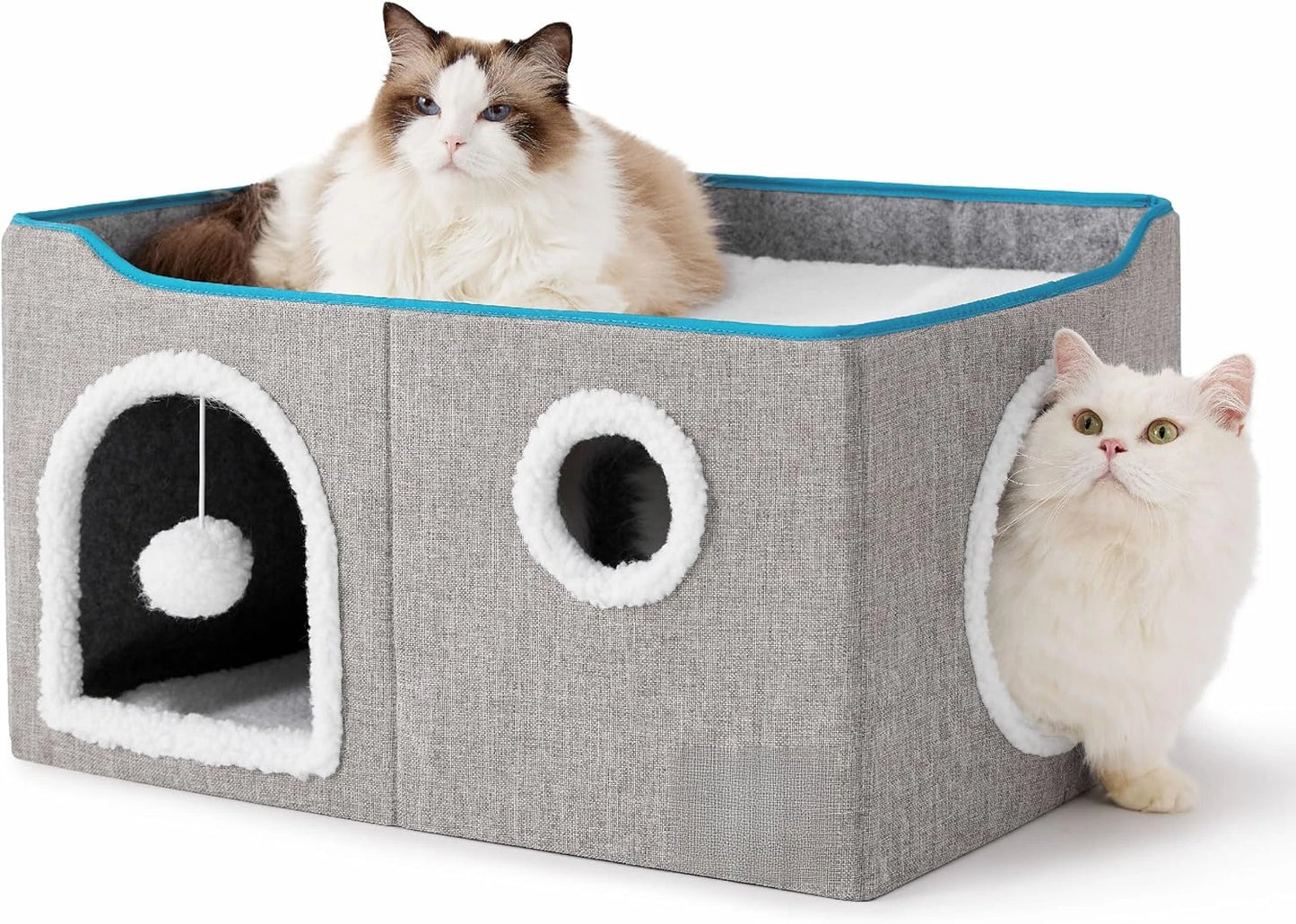 Wide Cat House for Indoor Cats - Large Cat Cave for Pet Cat House with Fluffy Ball Hanging and Scratch Pad