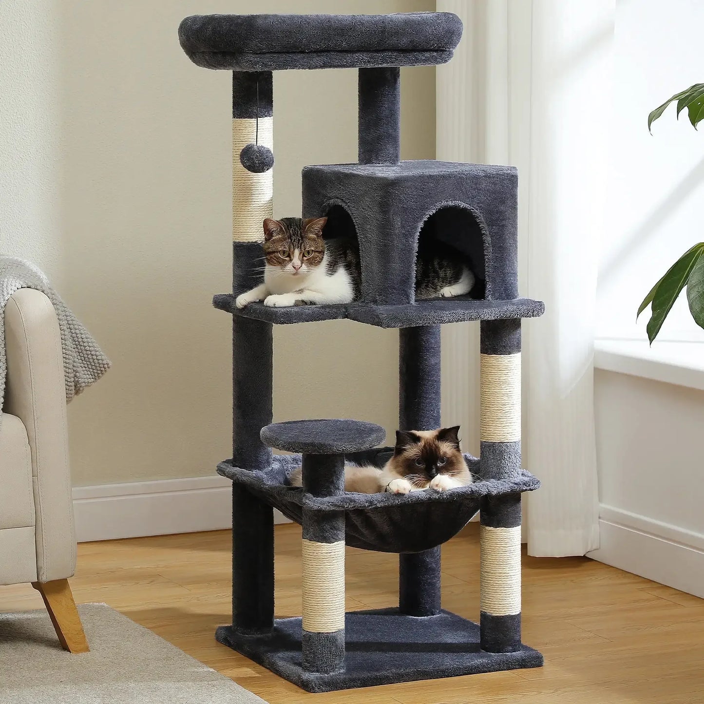 69" Cat Tree for Large Indoor Cats Multi-Level Cat Condo with Large Hammock Perch and 5 Scratching Posts