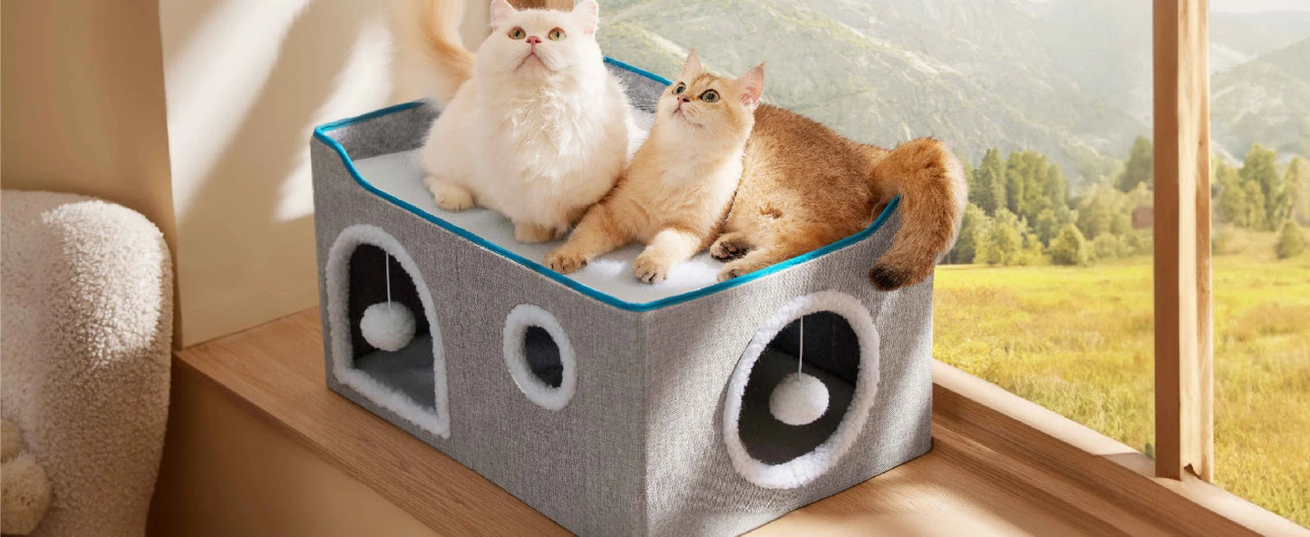 Wide Cat House for Indoor Cats - Large Cat Cave for Pet Cat House with Fluffy Ball Hanging and Scratch Pad