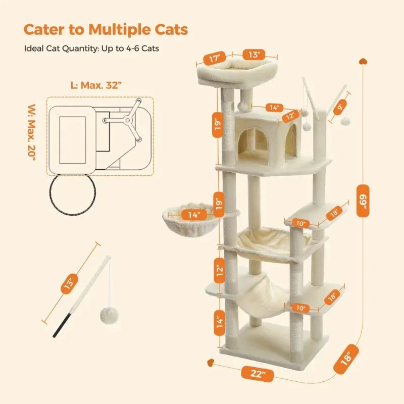 69" Cat Tree for Large Indoor Cats Multi-Level Cat Condo with Large Hammock Perch and 5 Scratching Posts