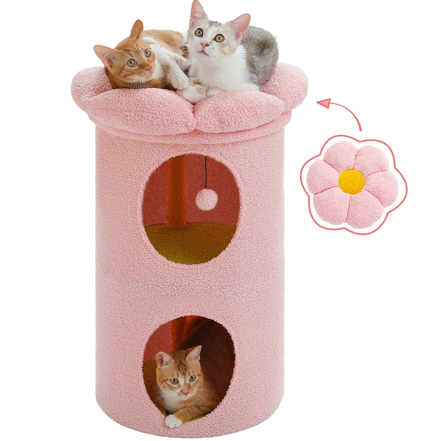 2-Storey Cat Beds for Indoor Cats Large Cat House with Removable Flower Cat Bed, Cute Cat Cave Cat Hideaway Indoor Cat Condo
