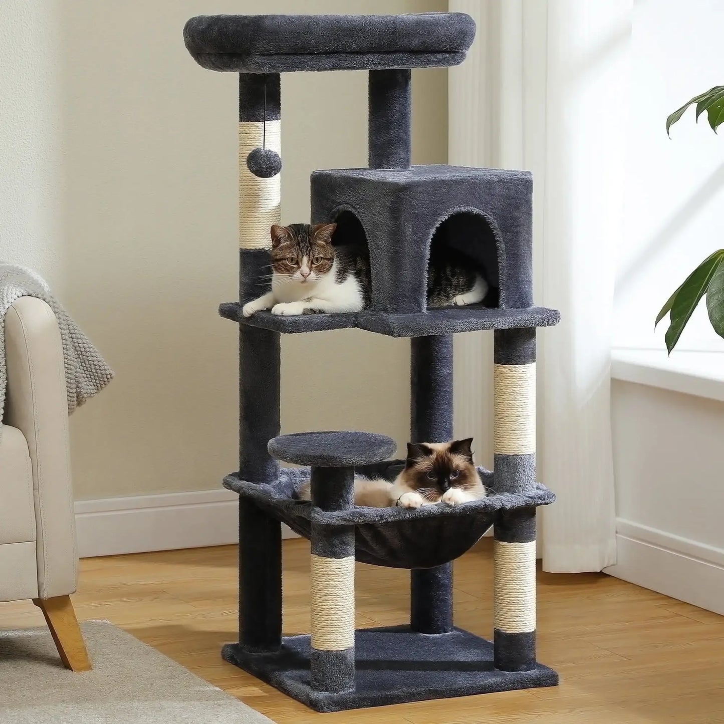 69" Cat Tree for Large Indoor Cats Multi-Level Cat Condo with Large Hammock Perch and 5 Scratching Posts