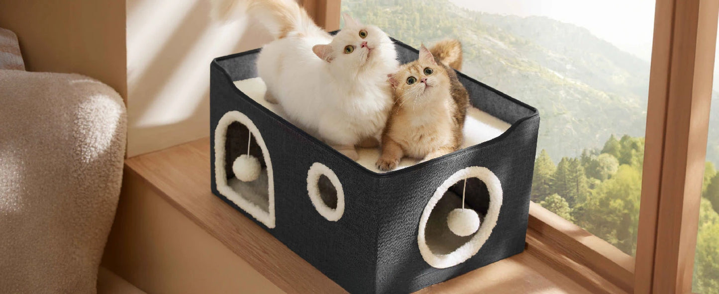 Wide Cat House for Indoor Cats - Large Cat Cave for Pet Cat House with Fluffy Ball Hanging and Scratch Pad