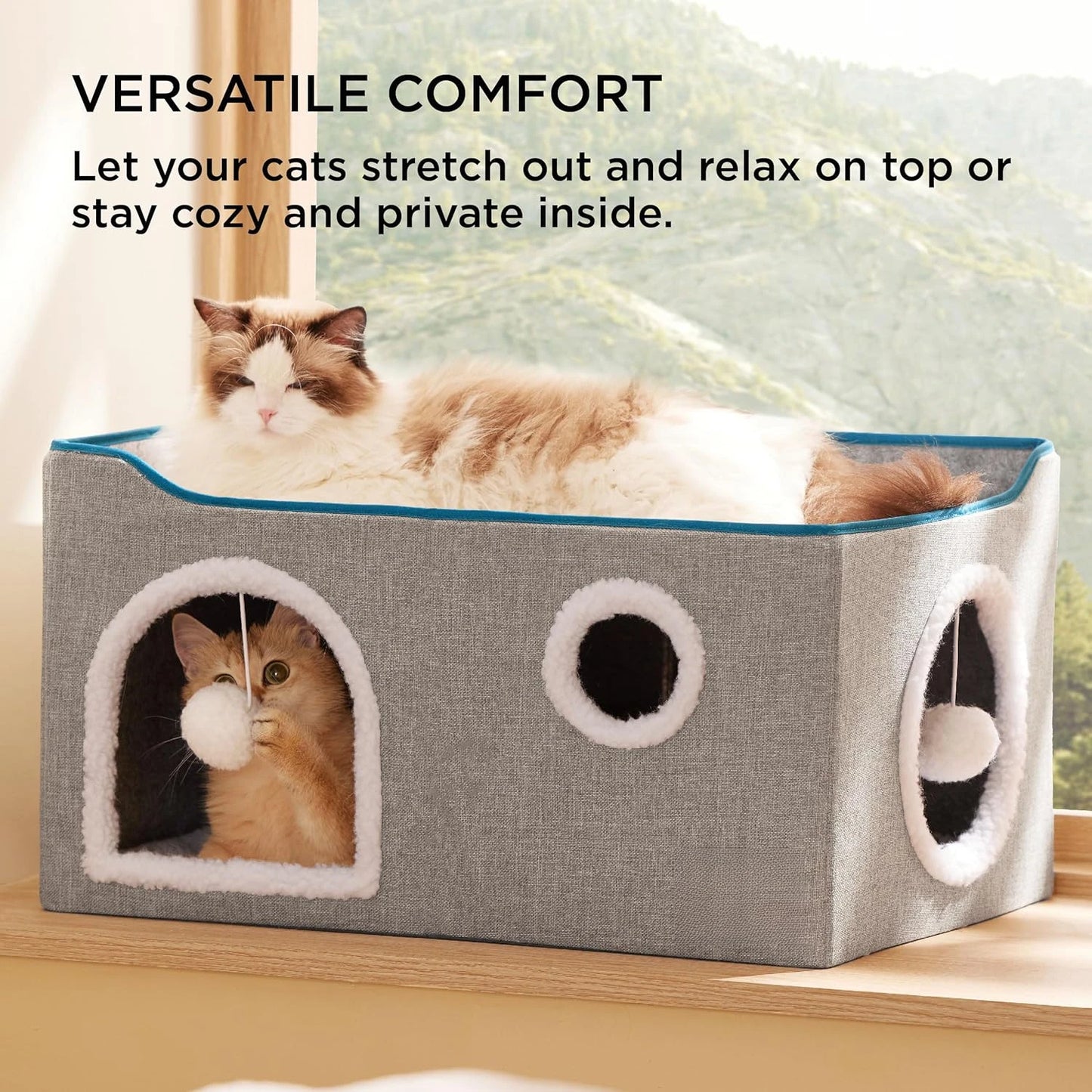 Wide Cat House for Indoor Cats - Large Cat Cave for Pet Cat House with Fluffy Ball Hanging and Scratch Pad