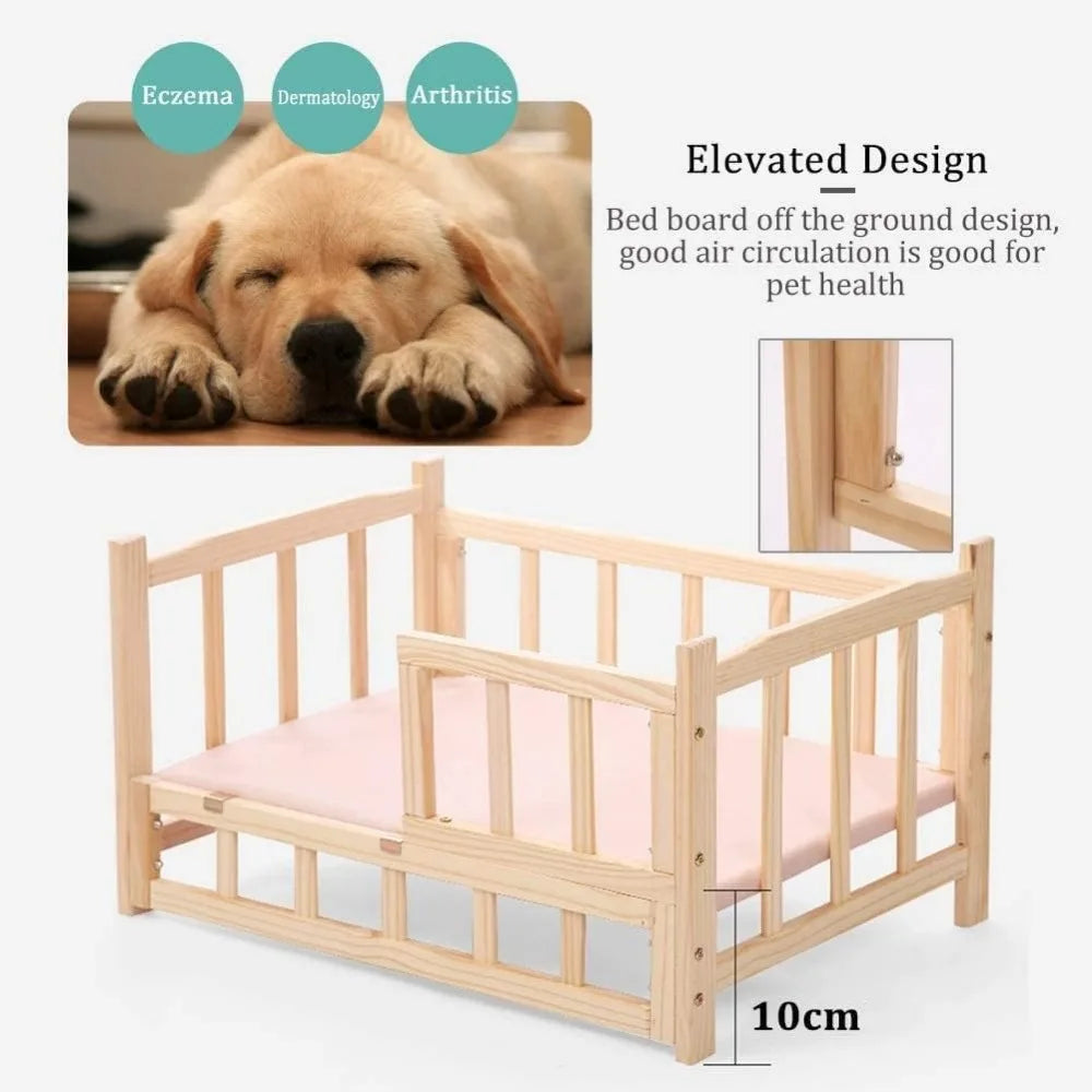 Pet Bed Wooden Dog Bed Elevated Cooling Pet Bed with Rails and Cushion Pet Shelter Dog House Elevated Kennel Sofa