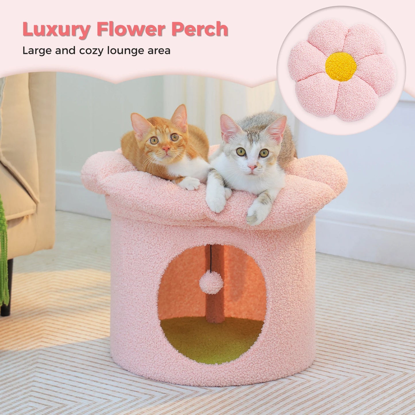 Cat Beds for Indoor Cats, Large Cat House with Removable Flower Cat Bed, Cute Cat Cave Cat Hideaway, Indoor Cat House Condo