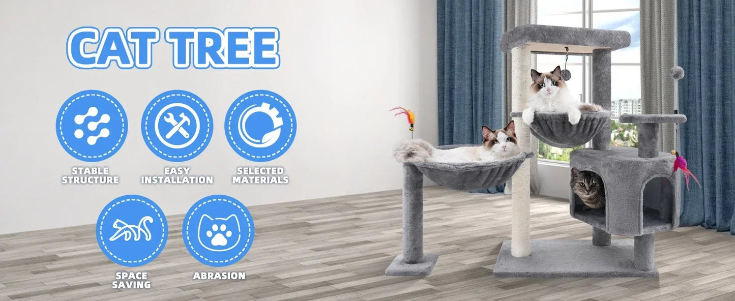 Cat Tree Tower with Cat Condo and Scratching Post for Indoor Cats, Activity Center Cat Furniture with Two Big Hammock