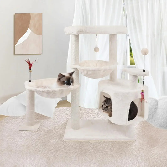 Cat Tree Tower with Cat Condo and Scratching Post for Indoor Cats, Activity Center Cat Furniture with Two Big Hammock