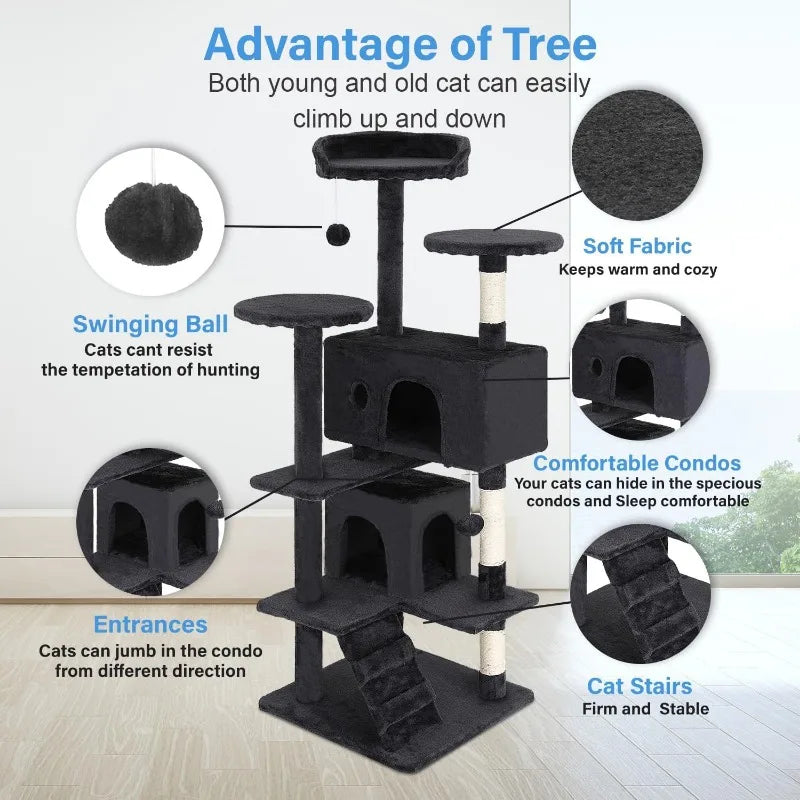 Tree 54inTower Multi-Level Durable Scratching Post & Cozy Fun Cat Jumping Platform Space Saving Cat Condo Pet