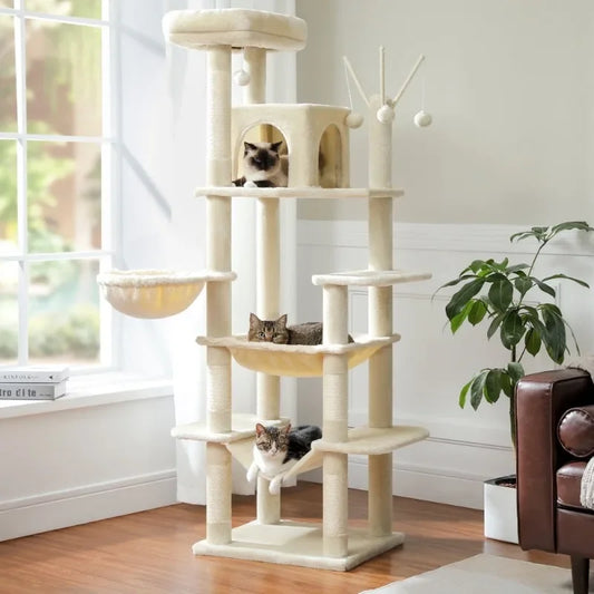 69" Cat Tree for Large Indoor Cats Multi-Level Cat Condo with Large Hammock Perch and 5 Scratching Posts