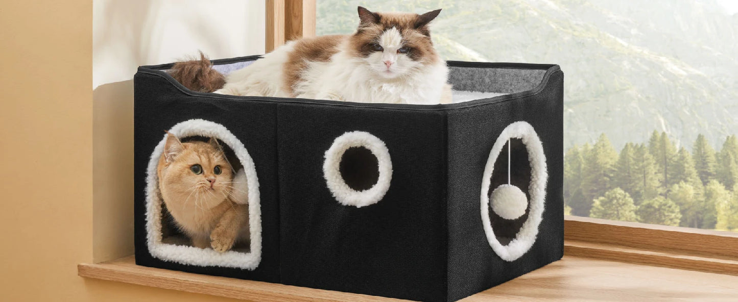 Wide Cat House for Indoor Cats - Large Cat Cave for Pet Cat House with Fluffy Ball Hanging and Scratch Pad