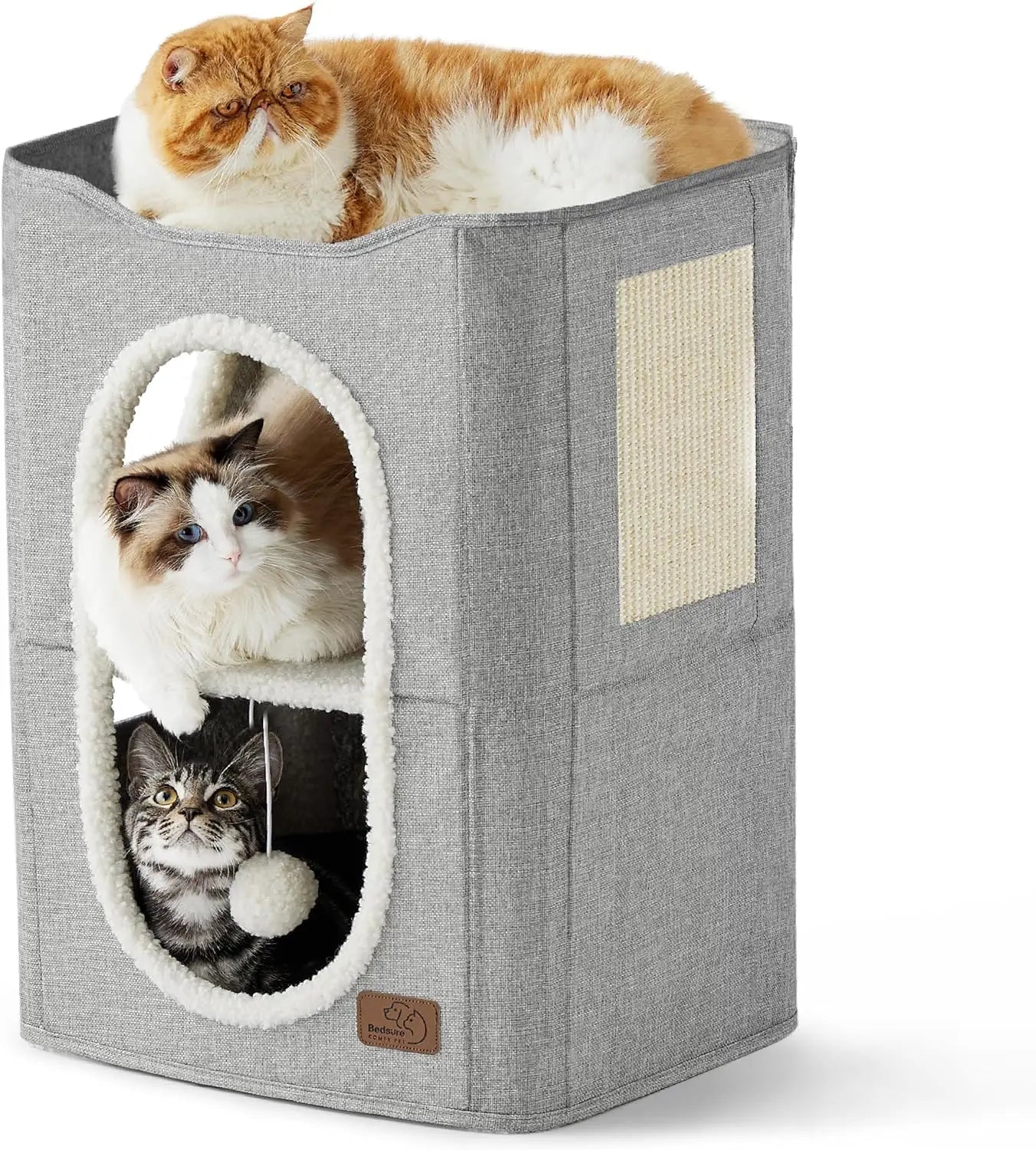 Wide Cat House for Indoor Cats - Large Cat Cave for Pet Cat House with Fluffy Ball Hanging and Scratch Pad