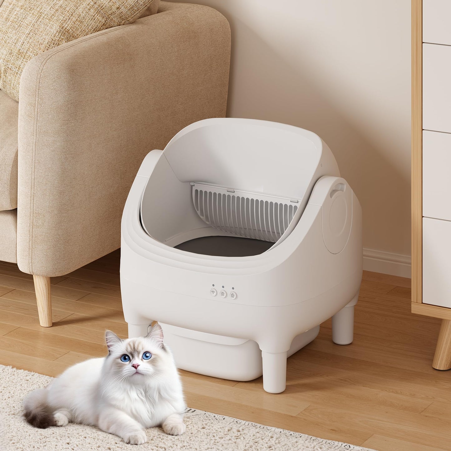 Electric Automatic Self Cleaning Cat Litter Box, Open-Top Design, Easy Odor Control, Smart APP Control, 15L Large Waste Bin, Includes Trash Bags